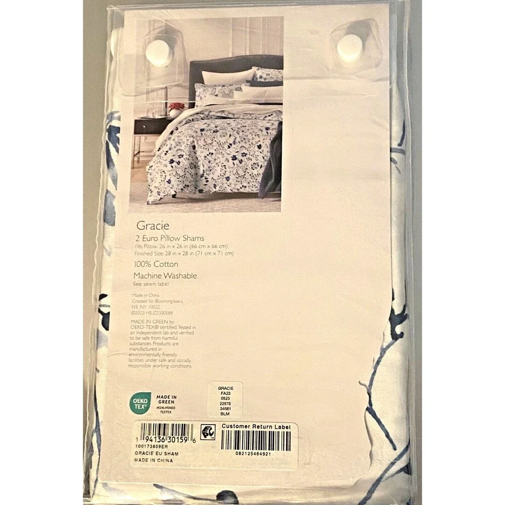 NIP $160 Bloomingdale's SKY Euro Pillow Shams Set GRACIE Blue Floral 100% Cotton